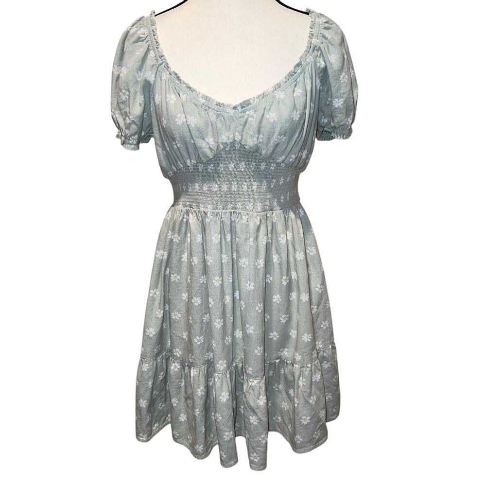 Altar’d State Sage Green Daisy Floral Smocked Babydoll Ruffle Mini Dress Size L